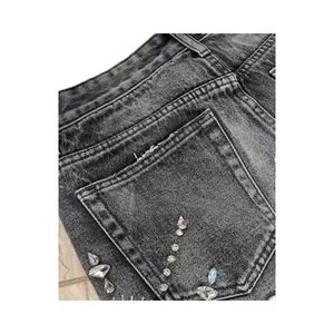 Pantalones cortos de mezclilla vintage personalizados para hombre, pantalones cortos de algodón pesado con cremallera y diamantes de imitación, diseño lavado transpirable para informal 2025 - Product Image 3