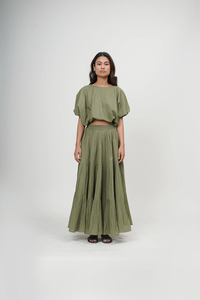 100% coton décontracté Boho Tier jupe avec poches et col bateau haut court confortable coupe ample jupe longue et ensemble haut - Product Image 2