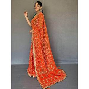 Classic Orange Georgette Saree with <b>Blouse</b> Festival Wear Evening Dresses - Product Image 4