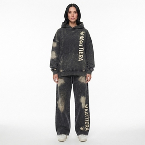 Conjunto de Sudadera Oversize Lavada Personalizada y Pantalones Anchos de Felpa para Mujer, Chándal de Algodón Estilo Urbano OEM ODM - Product Image 1
