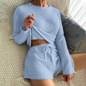 Ropa de dormir para mujer, conjunto de punto de gofres para mujer, Top de manga larga y pantalones cortos, Conjunto de pijama de salón, ropa de descanso suave, chándal con bolsillos - Product Image 6
