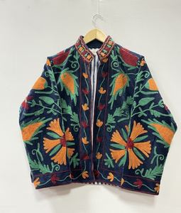 Bohemian Floral Embroidered Suzani Bomber Jacket 100% Cotton Velvet Medium Length Stand Collar Open <b>Stitch</b> Closure Elegant Women - Product Image 2