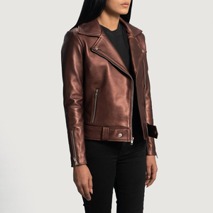 Chaqueta de Motociclista de Cuero Vacuno Genuino para Mujer, Color Sólido, Cierre de Cremallera, Cuello Alto, Manga Larga, Estilo Otoñal - Product Image 4