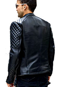 Cafe <b>Racer</b> Style <b>Men's</b> Winter Motorcycle Leather <b>Jacket</b> Turn-down Collar Patchwork Solid Color Zipper Closure Front Logo - Product Image 3