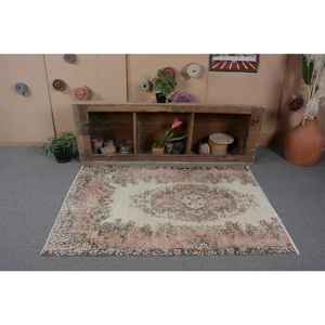 พรมตุรกีวินเทจ3.7 x 5.6ft เบจสีชมพูขนาดใหญ่งานเย็บปะติดปะต่อกันด้วยผ้าขนสัตว์สี่เหลี่ยมผืนผ้าน้ำยางใหม่สำหรับตกแต่งห้องโถงห้อง - Product Image 4