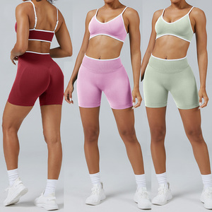 Conjunto de entrenamiento acanalado sin costuras para mujer, Sujetador deportivo sin espalda, botín de motorista corto, conjuntos de entrenamiento de 2 piezas, camisetas sin mangas acolchadas - Product Image 3