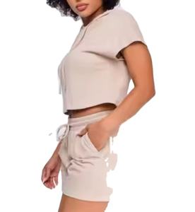 Conjunto de 2 piezas informal personalizado de verano, sudaderas con capucha para mujer, conjunto corto de dos piezas de poliéster de algodón gris de alta calidad, ropa de mujer 2026 - Product Image 3