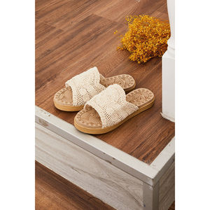 Open Toe Cream Patterned Straw <b>Slippers</b> Breathable Casual Style for <b>Summer</b> - Product Image 1