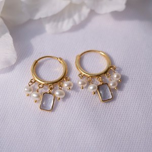 Gran oferta, pendientes de aro pequeños chapados en oro, diseño delicado de cuarzo transparente y perlas, joyería de moda minimalista para todos los días, regalo para ella - Product Image 3