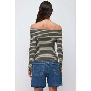 Blusa ajustada a la figura, con hombros descubiertos y manga larga, hecha de tela a rayas. - Product Image 5