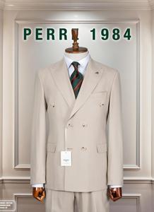 PERRE Men's Beige Viscose/Polyester Double Breasted Business <b>Suit</b> British Style Mandarin Collar Regular Fit Plus Size - Product Image 5