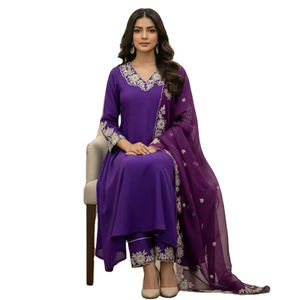 超高品质真镜面材质最佳颜色及膝长款萨尔瓦尔长裤搭配配套杜帕塔套装女式派对服装 - Product Image 1