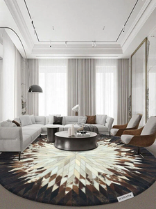 Tapis rond en cuir de vachette fait main Tapis rond en cuir de vachette Patchwork Cheveux sur cuir de vachette Tapis blanc marron - Product Image 5