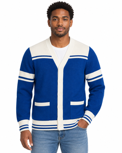 Cardigan en tricot rayé bleu et blanc pour homme avec fermeture boutonnée, manches longues, vêtement d'automne, OEM ODM, logo, marque privée - Product Image 2