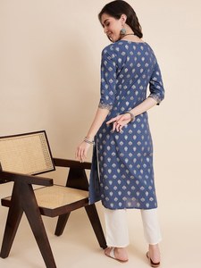 Kurta de Verano de Algodón con Estampado de Motivos Étnicos de Diseñador Exclusivo, con Lentejuelas, Corte en A, Manga Larga, Largo hasta el Suelo, Estilo Vintage - Product Image 3