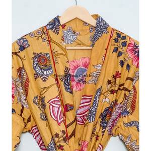 beautiful yellow Hand Block Printed Summer Bohemian Kimono Robe Loungewear 100% Cotton Soft Trending Home Wear Christmas <b>Gift</b> - Product Image 4