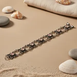 14K <b>Gold</b> 925 Silver <b>Rose</b> Quartz <b>Bracelet</b> for Women Statement Religious Jewelry Diamond Pearl Rhodium Plated Flower Pattern - Product Image 2