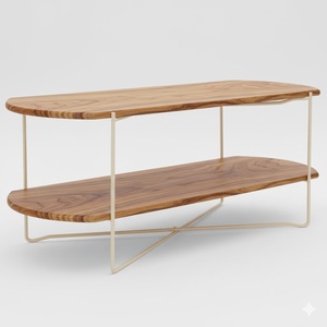 Vintage Style Teak Wood Coffee Table 2 Tier Oval Cocktail Table With White Metal <b>Frame</b> Minimalist Living Room Furniture - Product Image 1