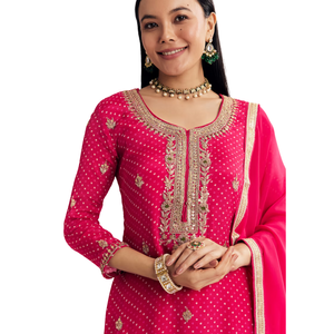 Costume de palazzo rose Chinon Bandhani Vente en gros de vêtements ethniques pour femmes OEM personnalisés Vêtements d'usine Fournisseur en vrac Tenue de festival - Product Image 3