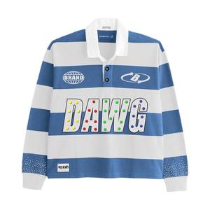 เสื้อรักบี้ผ้าคอตตอนโพลีเอสเตอร์เนื้อนุ่ม 240 GSM สีน้ำเงิน ชมพู ขาว ลายพิมพ์ซับลิเมชั่น ปักโลโก้ตามสั่ง - Product Image 5