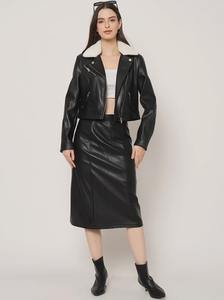 Blouson aviateur en cuir noir pour femme avec col en fourrure de renard, longueur classique, doublure en coton respirant, fermeture éclair, vêtement d'extérieur d'hiver - Product Image 4