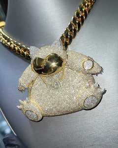 Pendentif ours en peluche luxueux serti de diamants avec chaîne cubaine dorée, bijoux en argent sterling mignons avec moissanite et cristal/strass - Product Image 2