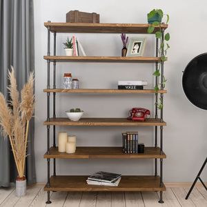 6-Tier <b>Pine</b> Wood & Steel Pipe <b>Shelf</b> for Living Room Standing Type - Product Image 4