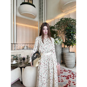 Elegante Vestido Midi con Cuello y Manga Larga, Estampado <span class=keywords><strong>Floral</strong></span>, Cintura Ajustada, Estilo Línea A, para Mujer, Ideal para el Trabajo Diario - Product Image 1