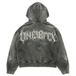Dark <b>Grey</b> Washed <b>Zip</b> Up <b>Hoodie</b> Oversized Streetwear Graphic Fleece Sweatshirt Distressed Raw Hem Casual Unisex Jacket - Product Image 2