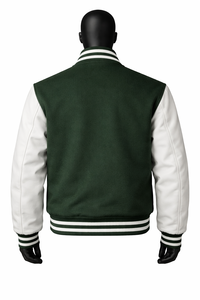 แจ็คเก็ตวาร์ซิตี้สีเขียวขาวแบบกำหนดเอง แจ็คเก็ตเบสบอลแบบ Letterman ตัวเสื้อทำจากผ้าขนสัตว์ แขนเสื้อทำจากหนัง PU ผู้ผลิต OEM รับผลิตแบรนด์ส่วนตัว - Product Image 6