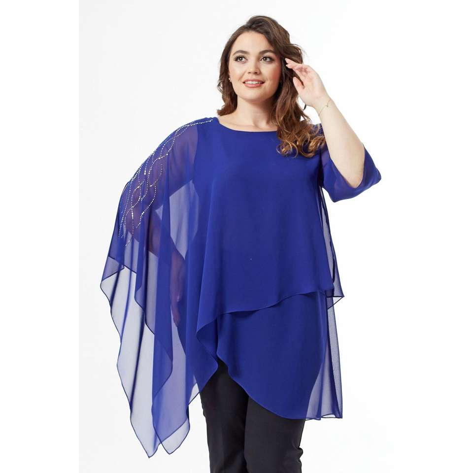 SAX SHOULDER STONE CLOAK SLEEVE LARGE SIZE ELEGANT BLOUSE