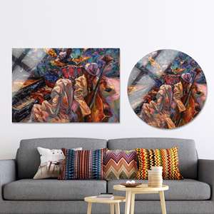 Tableau sur toile imprimé élégant : motif de musiciens de jazz vibrants, cercle en verre - Product Image 1