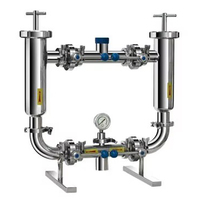 Filtro de Agua Manual Sanitario de Acero Inoxidable SS304/SS316L, Filtro Dúplex Higiénico, 4 Válvulas de Mariposa, 2 Válvulas Angulares de 1"-4"