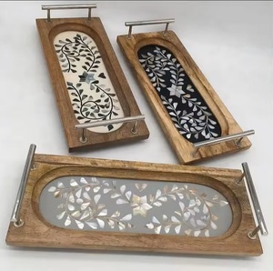 Nouvelle Arrivée 2026 Plateau de Service Multifonctionnel Artisanal en Bois et Nacre Motifs Géométriques/Floraux Design Ferme Moderne - Product Image 2