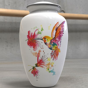 Colibrí y flores Urnas de cremación adutt blancas con bolsa de terciopelo - Product Image 1