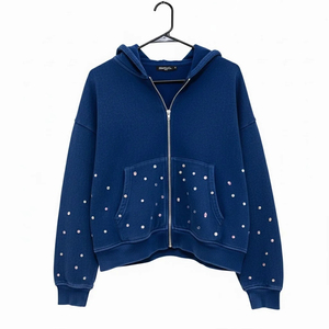 Custom Winter Solid OEM Service Hot Pressing Diamond Cropped Acid Wash Rhinestone 100% Cotton Fleece Quick Dry - Product Image 6