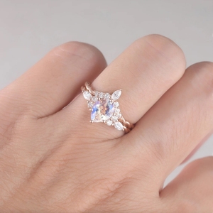 Bague de mariage en or massif 100% naturel, pierre précieuse en pierre de lune arc-en-ciel, nouveau design luxueux, bijoux fins avec diamants véritables - Product Image 5