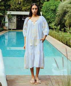 Amersham Midi <b>Dress</b> with Contrast <b>Gold</b> Lurex Soft Cotton Woven Weave Tree Life Applique Easy to Wear with Natural Waistline - Product Image 5