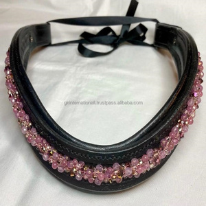 Bande de sourcil de cheval en cuir noir, canal vide incrusté de perles roses cristaux strass bling bande de sourcil de cheval en cuir rembourrée - Product Image 5