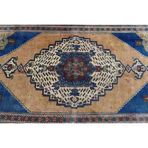 Tapis turc vintage à accents décoratifs 3,2x5,9 pieds, tapis en laine bleu marron à motifs floraux - Product Image 5