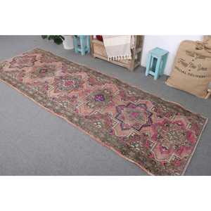 Vintage Rug 3.2x9.9 ft, <b>Red</b> Pink Bordered <b>Wool</b> Turkish Rug - Product Image 2