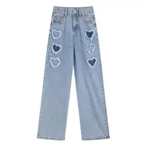 Casual street wear Heart shape Straight Wide Leg Destroyed Ripped Distressed Jeans Light Blue Denim pants for women