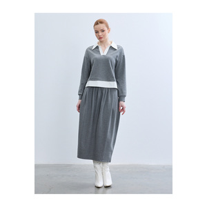 Jupe midi en tricot doux mélange bleu clair et marron, sans doublure, taille élastique - Product Image 6