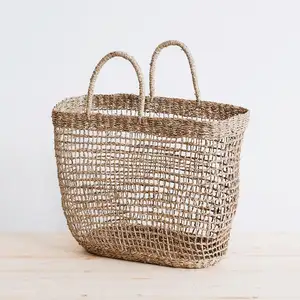 时尚越南手工编织海草购物袋，带定制标志天然草草女包