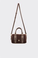 Tas Tangan Suede Boston Logo Kustom untuk Wanita, Tas Jinjing Pegangan Atas, ODM OEM Label Pribadi