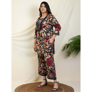 Ensemble coordonné DEEBACO pour femmes, imprimé floral, grande taille, Kurti à col en V avec dentelle et pantalon longueur cheville, tenue occidentale en 2 pièces - Product Image 3