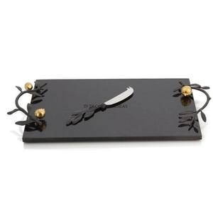 Plateau de service en forme de rectangle en marbre de couleur noire de meilleure qualité avec des poignées de concepteur de feuilles en métal plaqué or à un prix impressionnant - Product Image 2