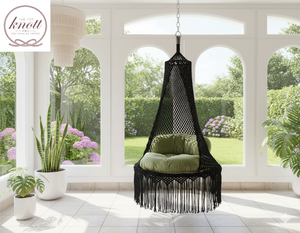 Silla de hamaca de algodón de macramé artesanal, silla columpio Boho Chic para adultos y adolescentes, diseño tejido a mano Premium de The Top Knott - Product Image 1