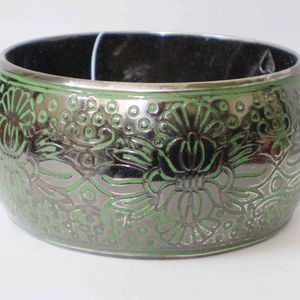 Luxury Gunmetal Copper Bangle With Intricate Green Floral Enamel Inlay Sophisticated Dome Style <b>Metal</b> <b>Bracelet</b> <b>Metal</b> Crafted - Product Image 1