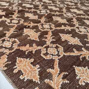 5.9x7 ft Vintage Turkish <b>Wool</b> Rug <b>Brown</b> Beige Patchwork Abstract Design with Latex Backing - Product Image 5
